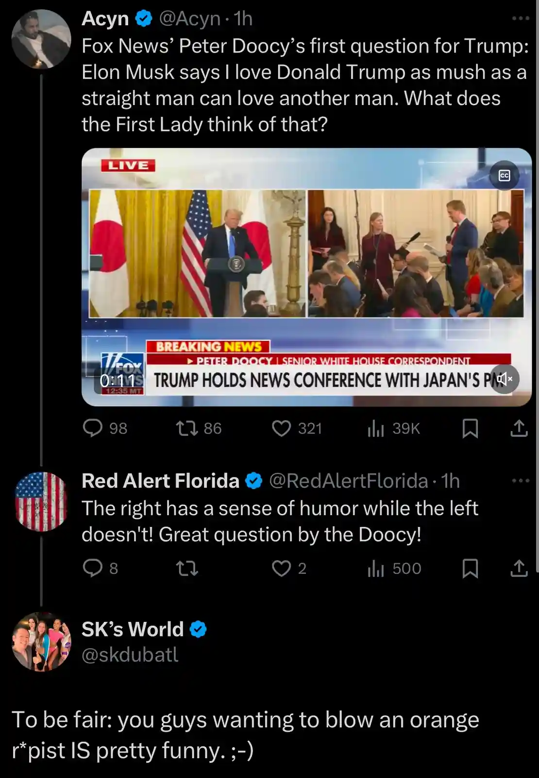 A screenshot of a Twitter thread showing a Fox News video of Donald Trump at a press conference. The overlaid text quotes…