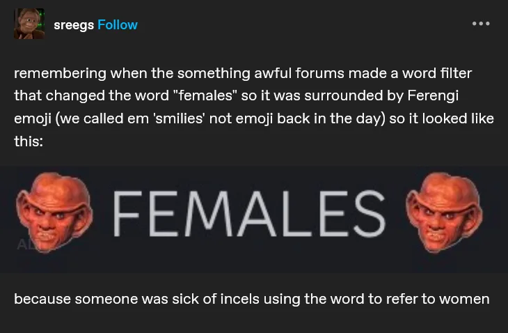 The image shows the word 'FEMALES' in large gray letters, flanked on both sides by Ferengi alien heads from Star Trek, which…