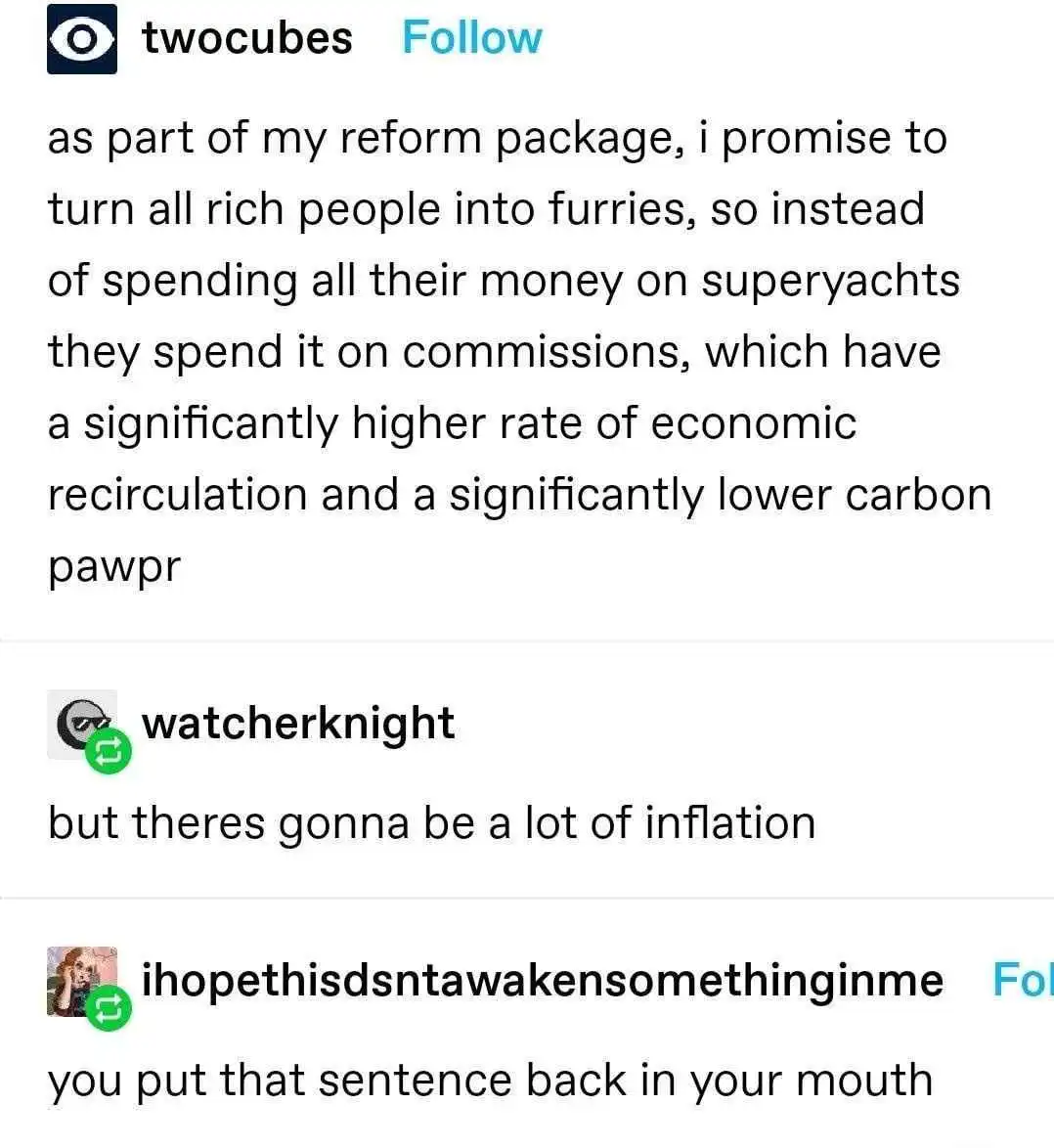 A screenshot of a Reddit thread shows a user named 'twocubes' proposing a policy to turn rich people into furries so they…