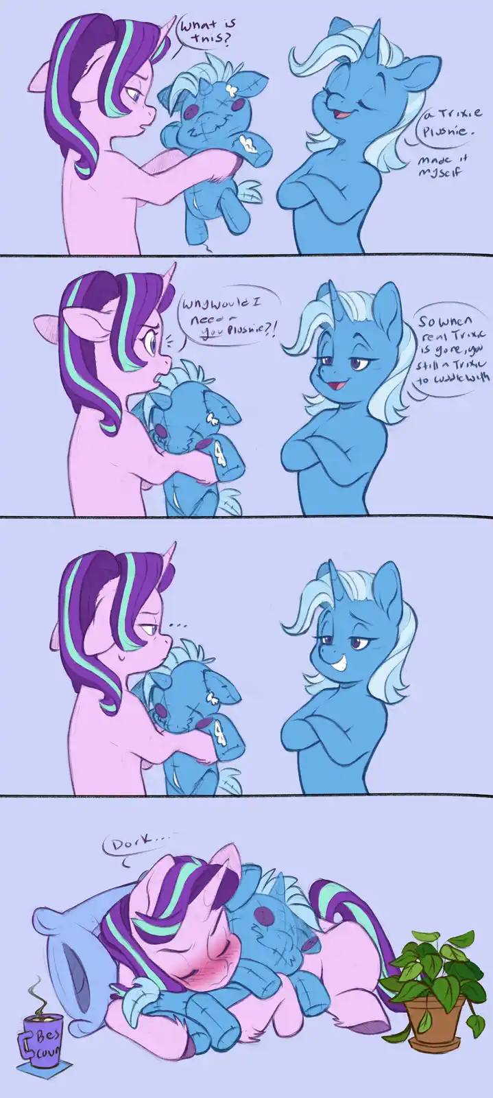 A four-panel comic featuring Twilight Sparkle and Trixie Lulamoon. Trixie gifts Twilight a handmade plushie of herself…