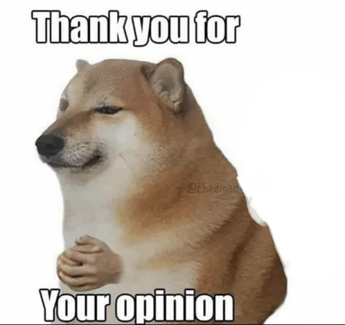 A Shiba Inu dog with a smug, self-satisfied expression, hands clasped together, looking slightly to the side. The text…