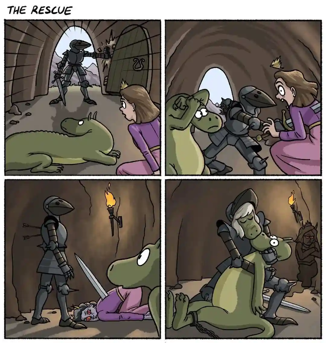 A four-panel comic titled 'THE RESCUE' depicts a knight entering a dungeon to save a princess, only to find she's been…