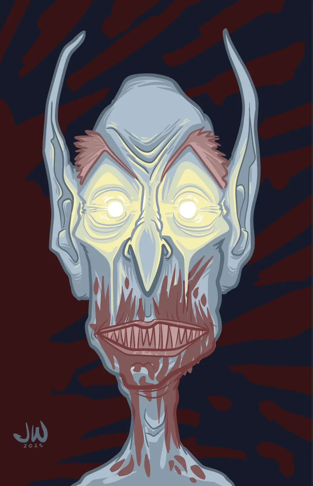 A stylized digital illustration depicts a grotesque, pale-skinned humanoid creature with glowing yellow eyes, sharp horns…