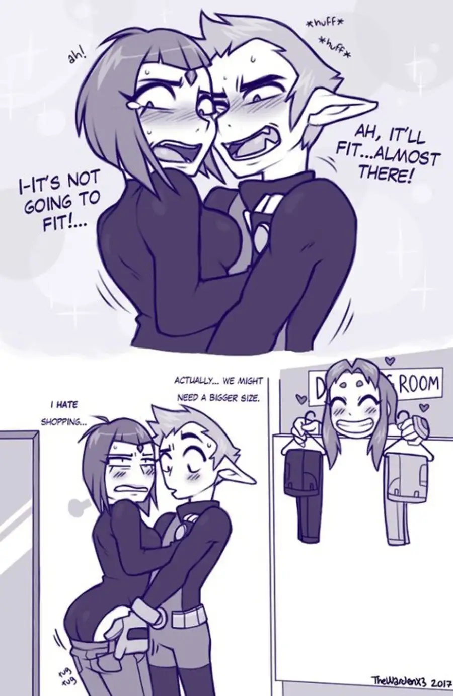 A black-and-white comic strip shows two elf-like characters struggling to put on a tight outfit. In the top panel, they're…