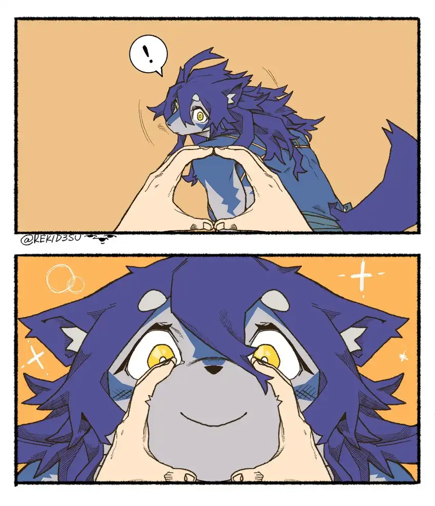 Two-panel comic: top panel shows a blue-furred anthropomorphic wolf character with wide eyes and an exclamation mark speech…
