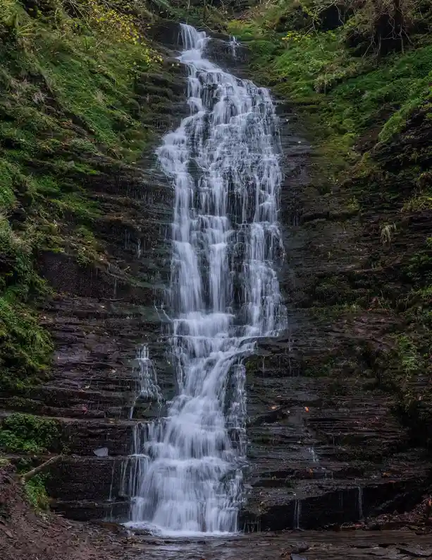 A serene, tiered waterfall cascades down moss-covered, dark rock steps in a forested area, with green foliage and scattered…