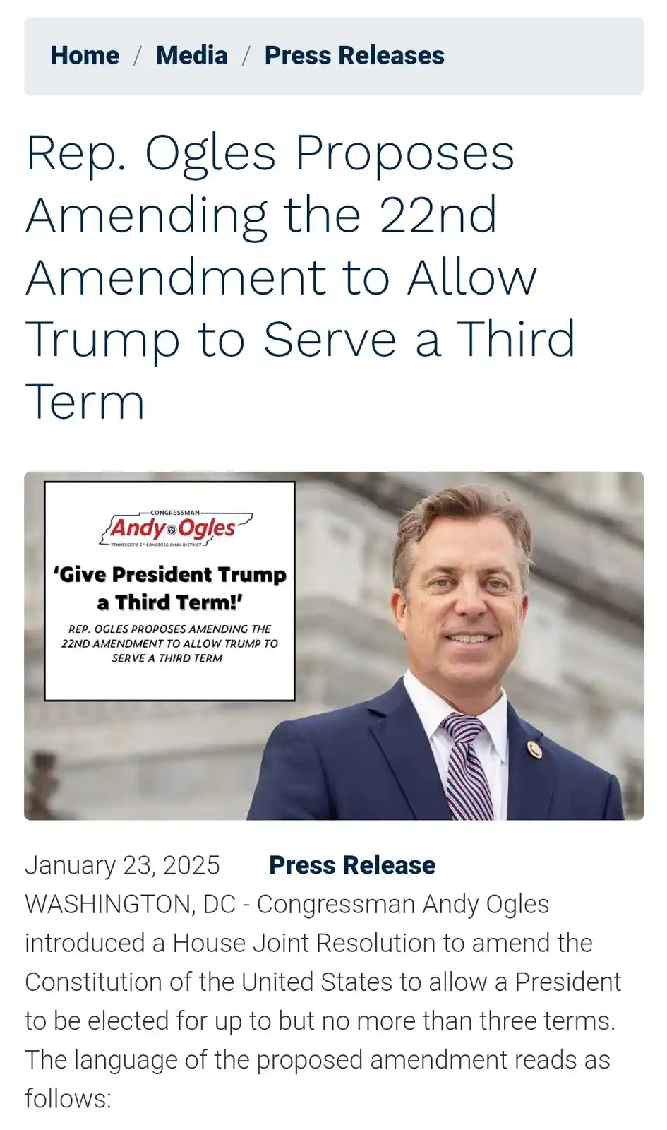 A screenshot of a fake press release dated January 23, 2025, shows a smiling photo of Congressman Andy Ogles next to a…