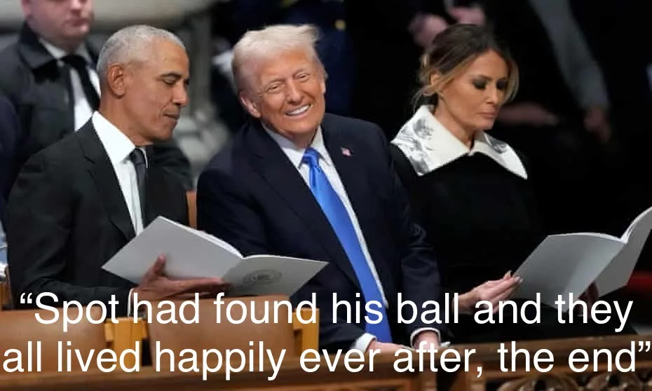 A photo shows Barack Obama, Donald Trump, and Melania Trump seated side-by-side, each holding an open booklet. Obama looks…