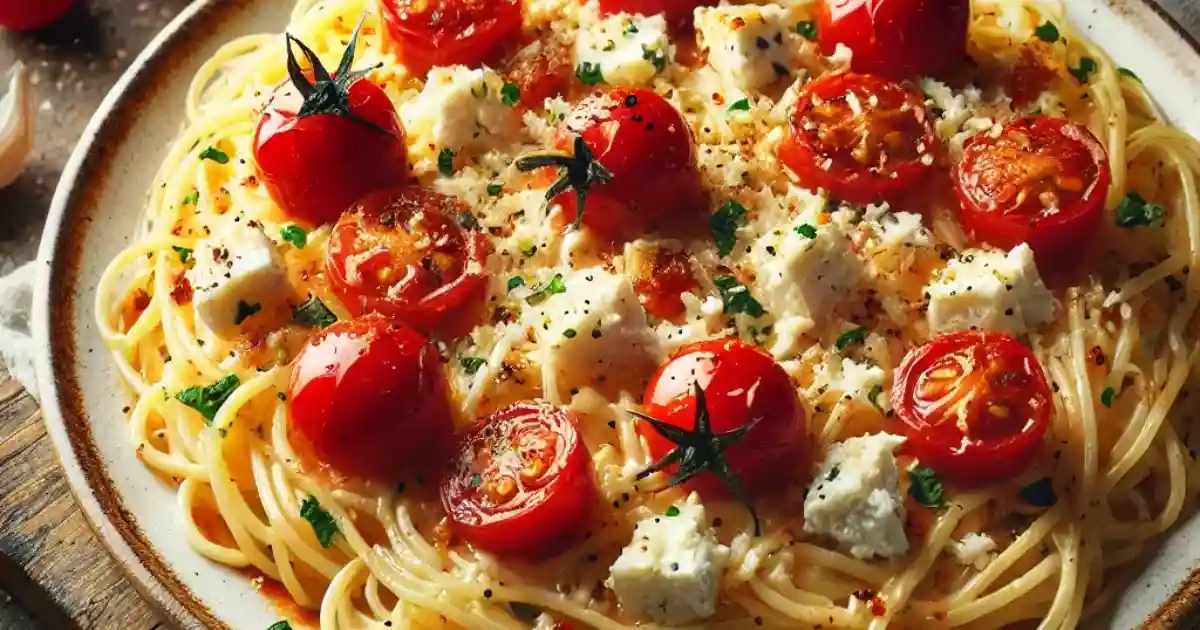 a close-up photo of a plate of spaghetti topped with halved cherry tomatoes, crumbled feta cheese, and fresh herbs. The…