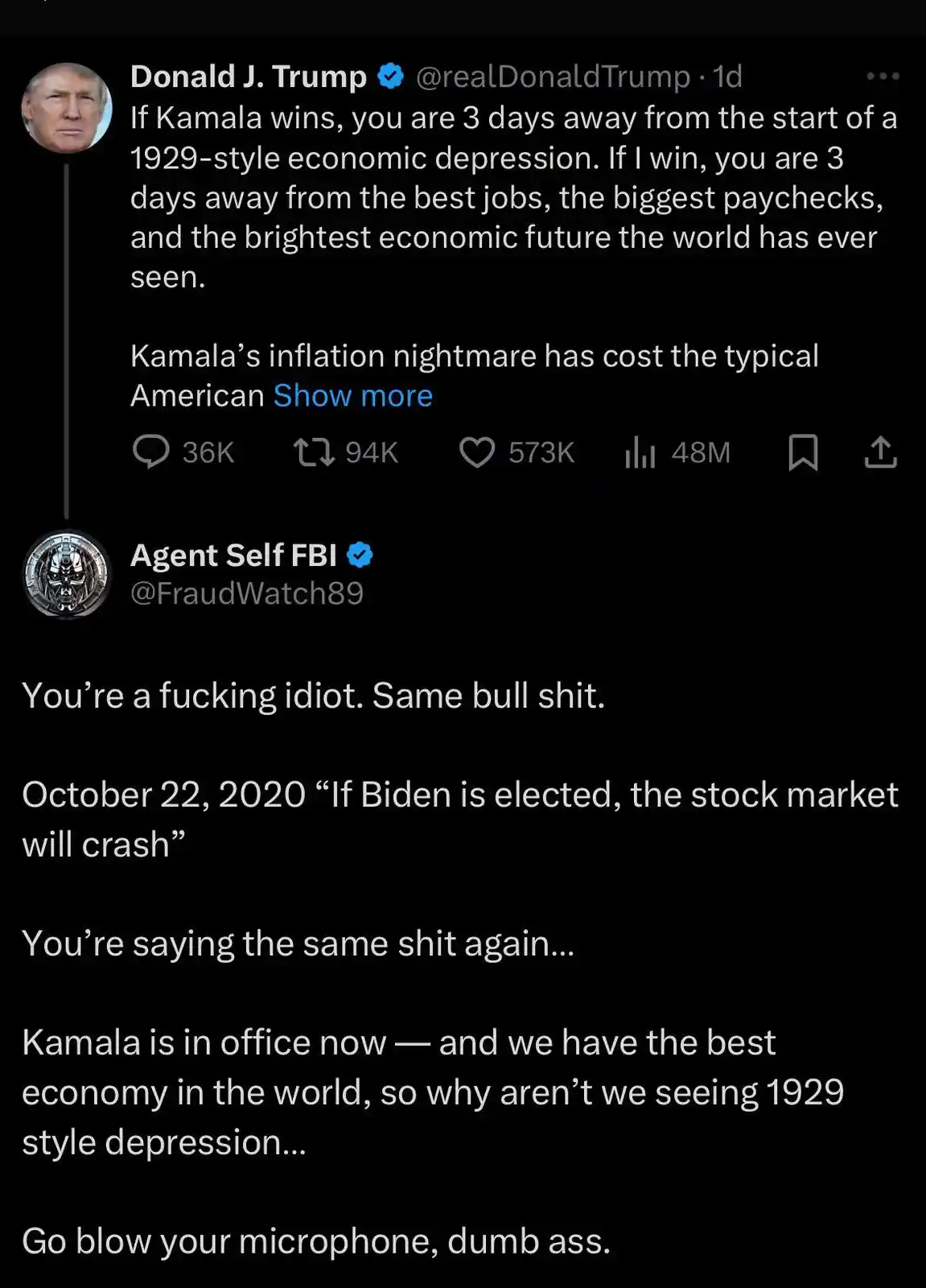 A screenshot of a Twitter thread shows Donald Trump's 2023 tweet claiming Kamala Harris would cause a 1929-style depression…