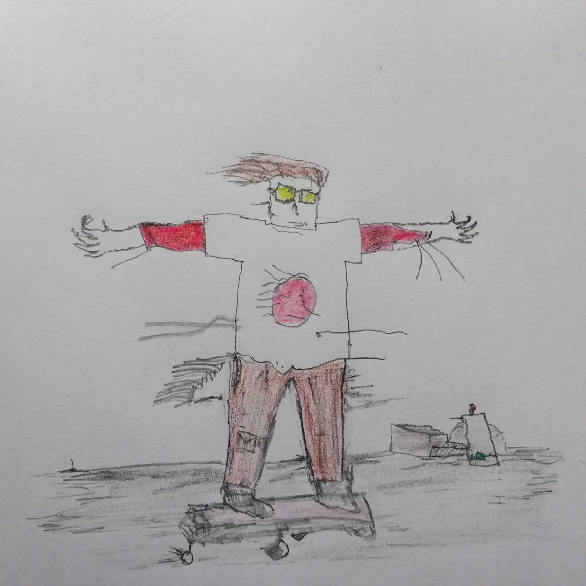 A child's crayon drawing shows a stick-figure-like person with yellow sunglasses, a red sun on their chest, and arms…