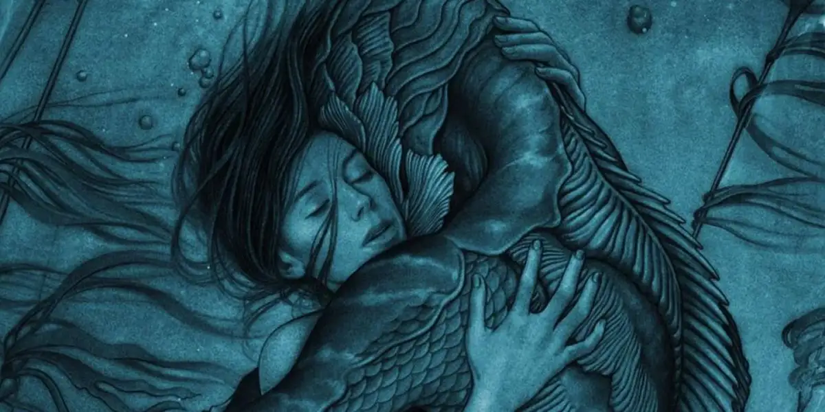 A dark, blue-toned illustration depicts a human woman with long hair embracing a merman from behind, her eyes closed and…
