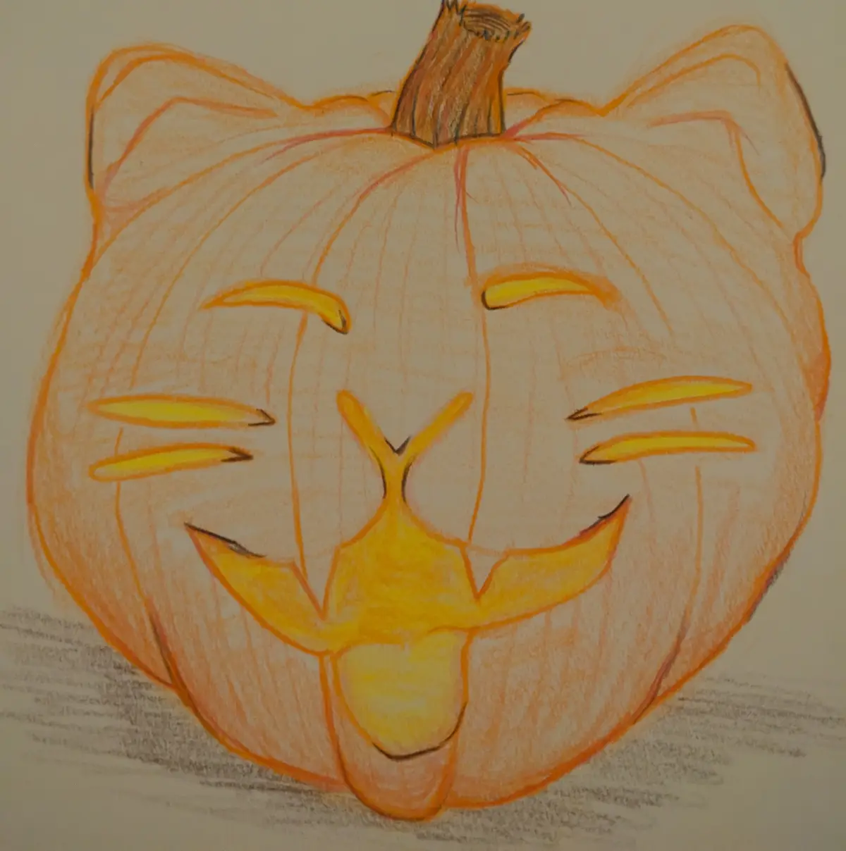 A hand-drawn colored pencil illustration of a pumpkin with cat ears, whiskers, and a smiling face, overlaid with the text…