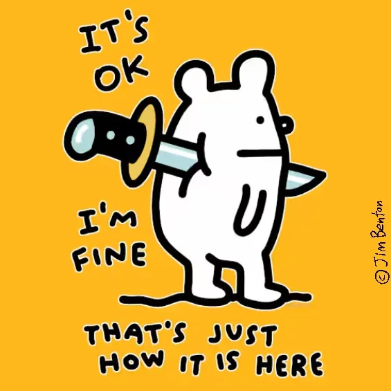 A white cartoon bear with a simple black outline stands against a solid yellow background, holding a knife horizontally…