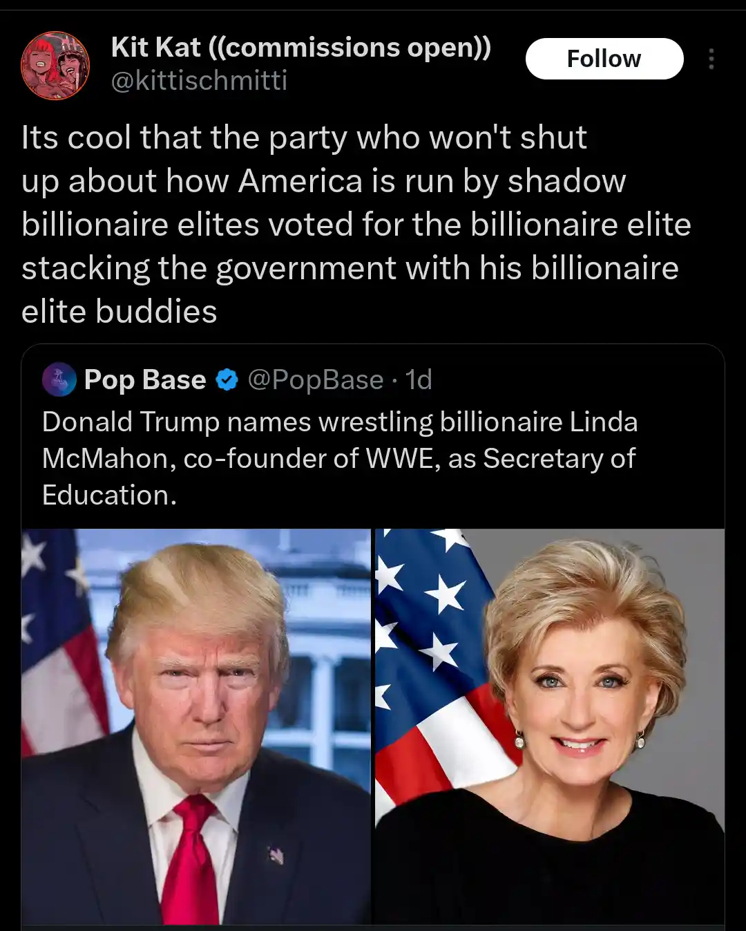 The image displays two side-by-side official portraits: Donald Trump on the left in a dark suit with red tie, and Linda…
