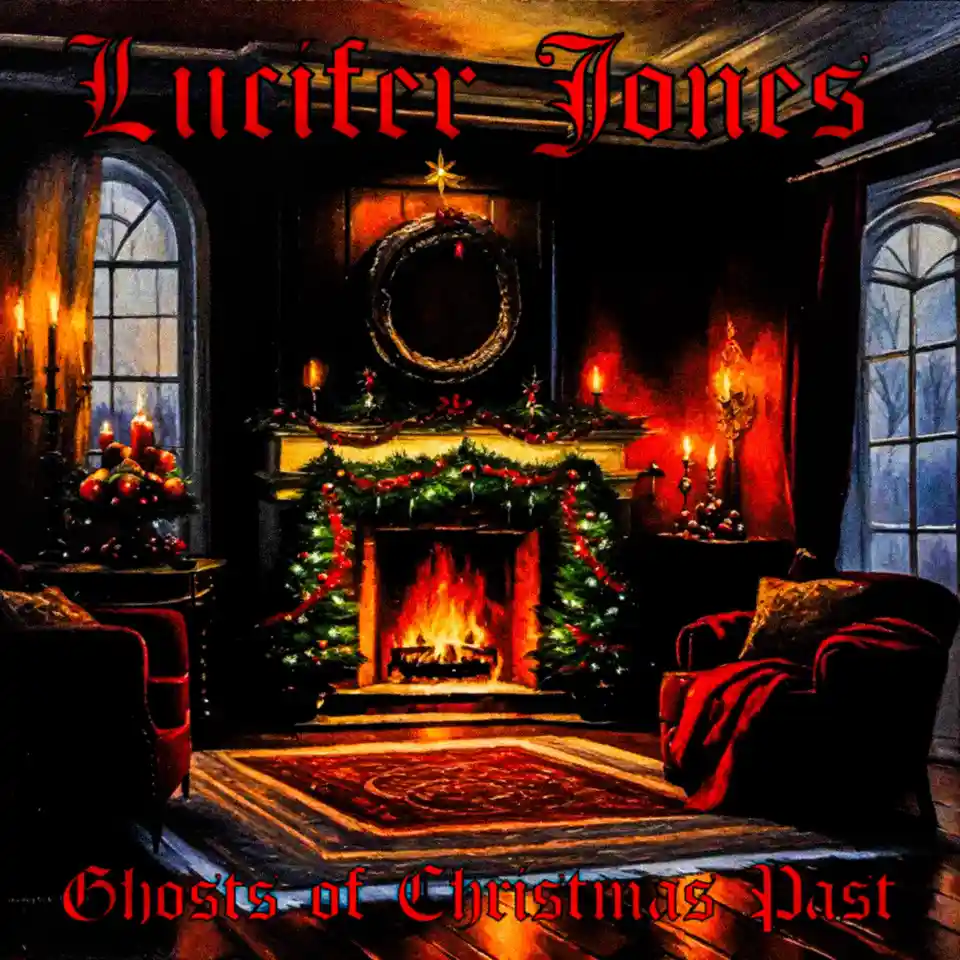 A dark, gothic-style Christmas living room with a roaring fireplace, garlands, and candles, overlaid with the text 'Lucifer…