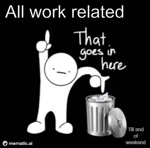 A black-and-white cartoon shows a simple white stick figure holding a small object over a trash can, with text overlaid…