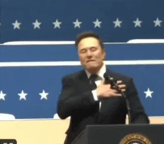 A six-panel image sequence shows elon musk at a podium with a blue starry backdrop, initially placing his hand over his…