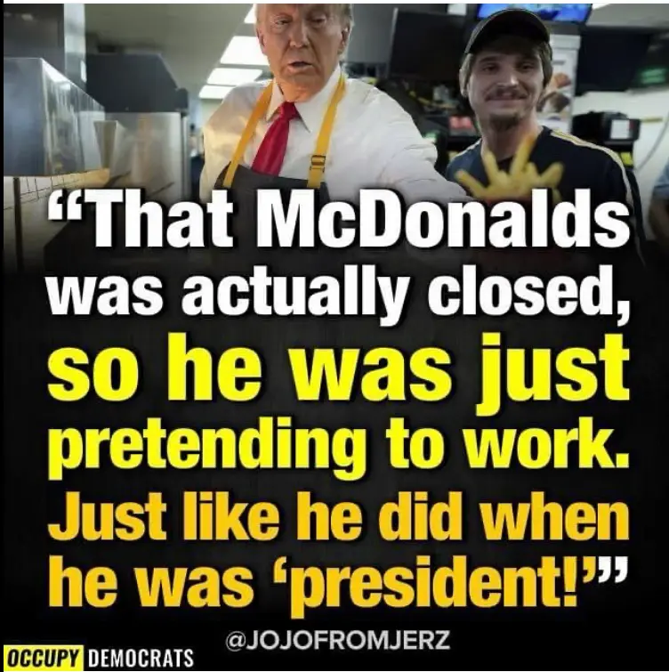 The image shows Donald Trump wearing a McDonald's apron and red tie, standing beside a smiling man in a cap who is holding…