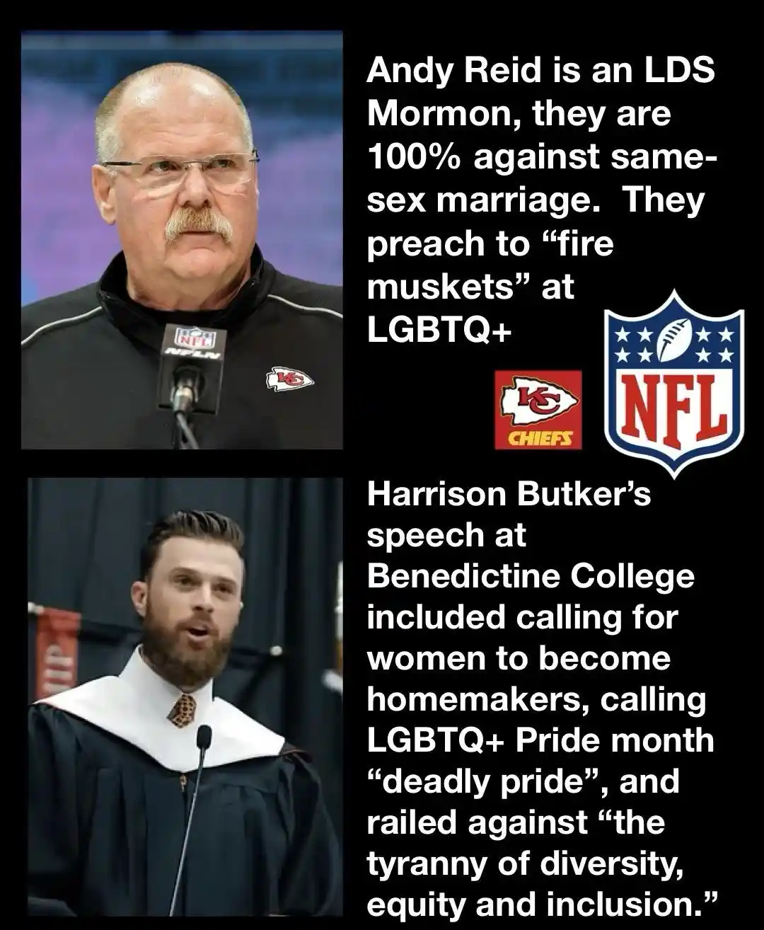 The image displays two separate photos side-by-side. The top photo shows Andy Reid, a balding man with glasses and a…