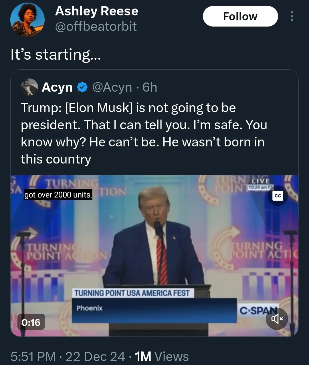 A screenshot of a tweet by Acyn showing a video clip of Donald Trump speaking at a Turning Point USA event in Phoenix. The…
