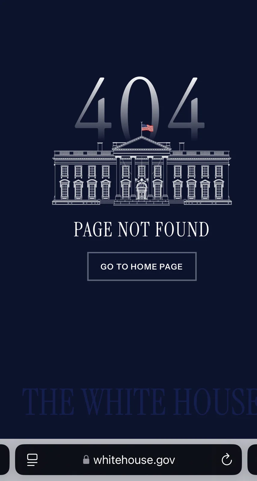 A 404 error page parody featuring a line drawing of the White House with an American flag on top, set against a dark blue…