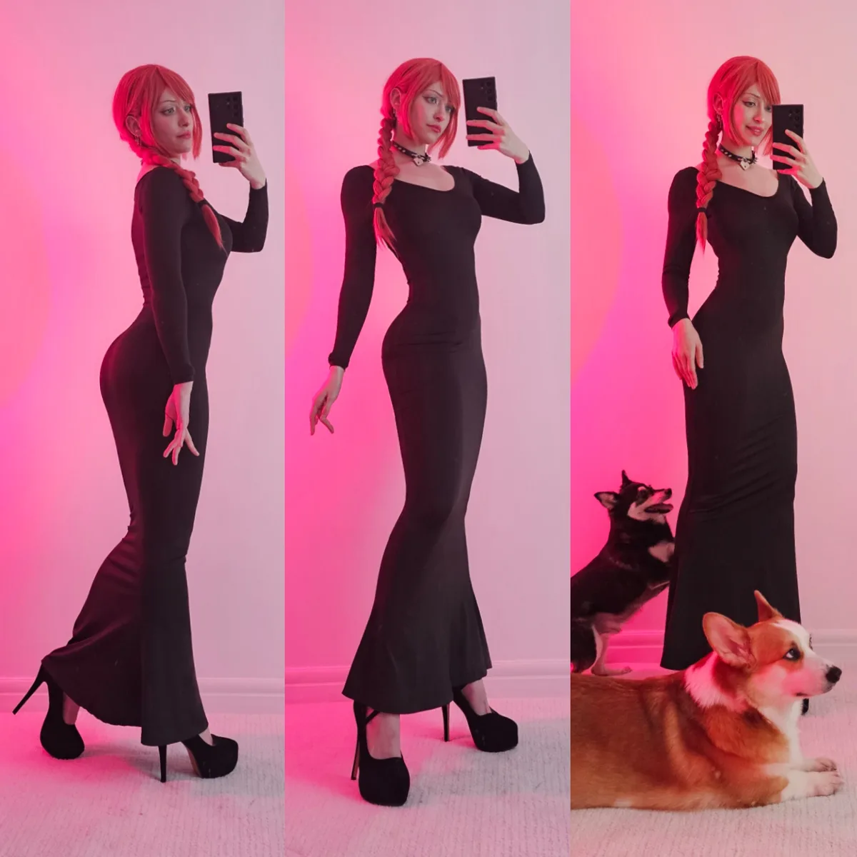 A triptych of a person in a black form-fitting dress and high heels, taking mirror selfies against a pink-lit wall. In the…