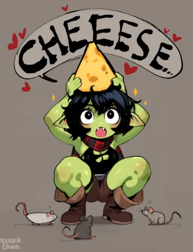 A green-skinned, black-haired cartoon character with large eyes and boxing gloves holds a triangular slice of cheese on…