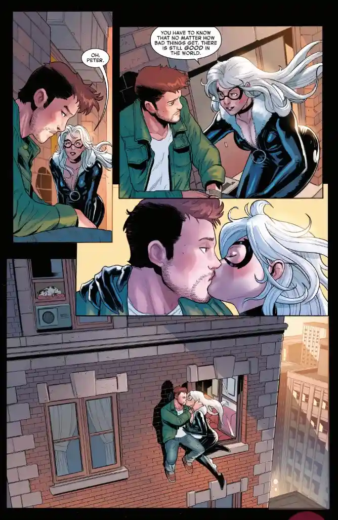 A comic book panel shows a man and a woman in a romantic moment. The woman, with white hair and glasses, says to the man…
