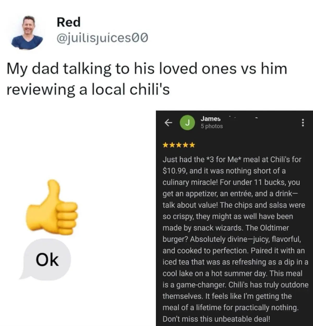 The image shows a split-screen. On the left, a Reddit user's post is titled 'My dad talking to his loved ones vs him…