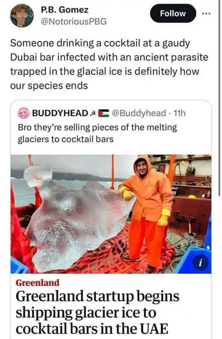 A screenshot of a Twitter thread shows a person in an orange jumpsuit holding a large, irregularly shaped piece of glacier…
