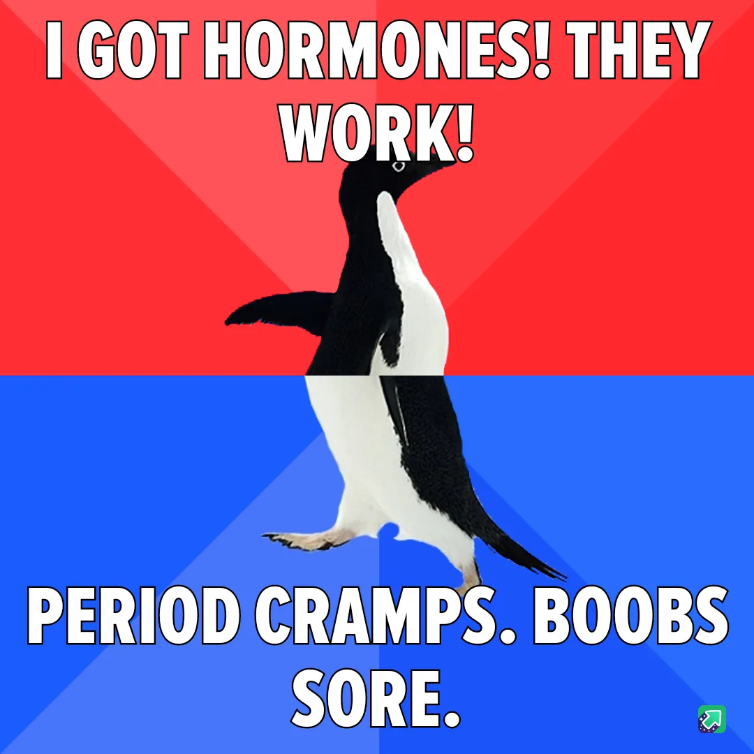 A penguin stands centered against a red and blue background split diagonally. White bold text at the top reads 'I GOT…