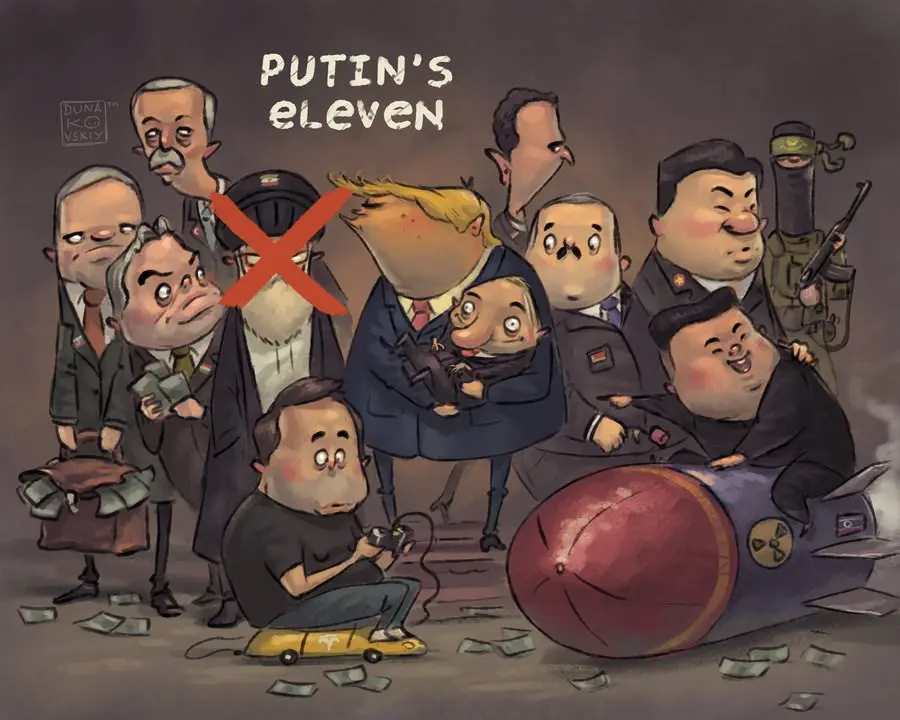 A cartoon depicts eleven caricatured world leaders, including Putin, Trump, Kim Jong-un, and others, surrounding a large…