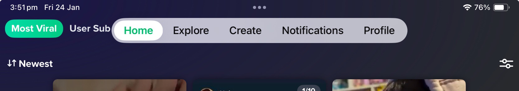 A screenshot of a mobile app's navigation bar with 'Most Viral' highlighted in green, showing the time as 3:51pm on Friday…
