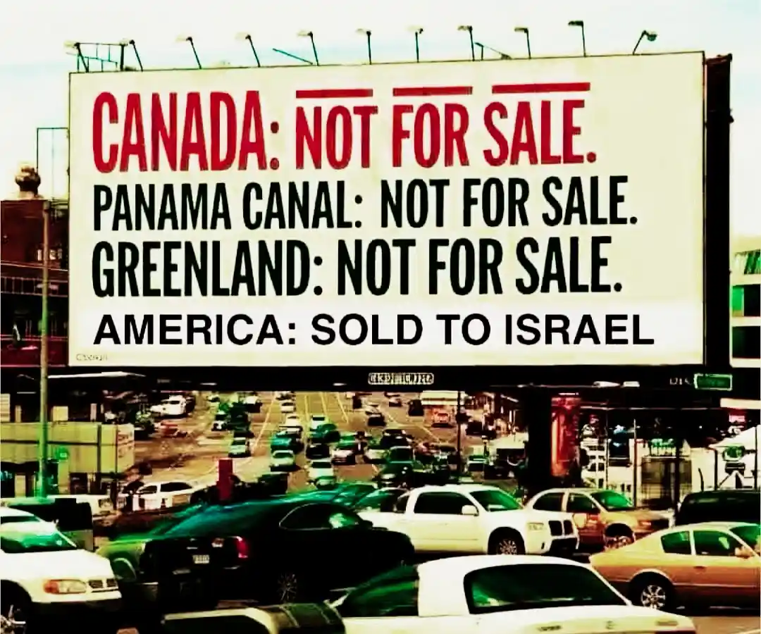 A large billboard displays text in red and black font listing Canada, the Panama Canal, and Greenland as 'NOT FOR SALE,'…