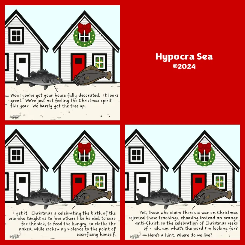 A cartoon depicts two fish standing outside a house decorated for Christmas with a wreath and bow. The fish have a…