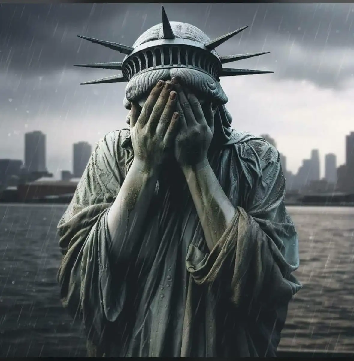 The Statue of Liberty is shown with her hands covering her face in a rainstorm, her iconic crown visible above her hands…