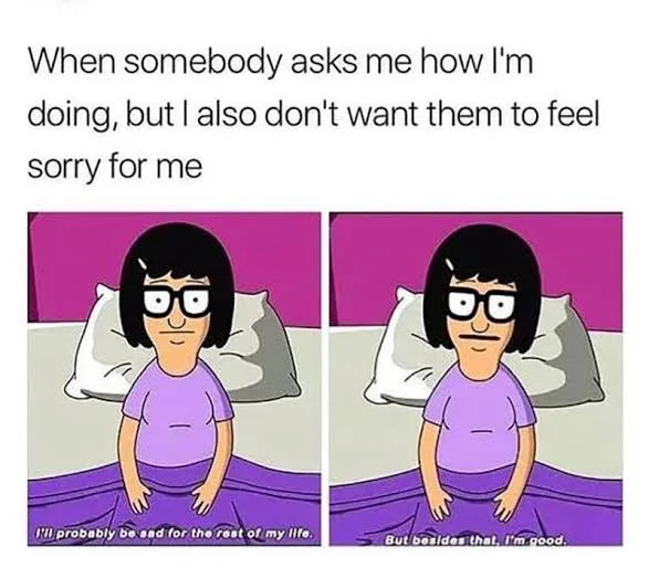 The image shows two panels of the animated character Boba from Bob's Burgers sitting on a bed. In the first panel, she has a…