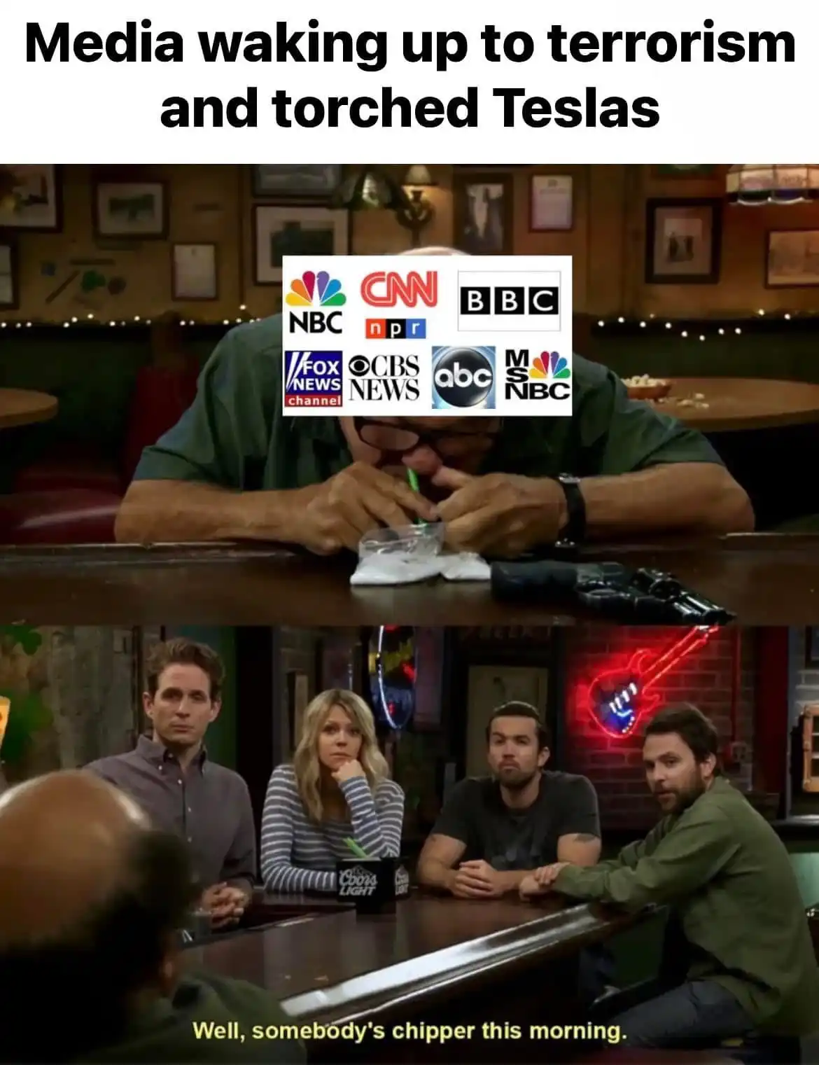 A meme image from the TV show 'It's Always Sunny in Philadelphia' shows a man at a bar with logos of major news networks…