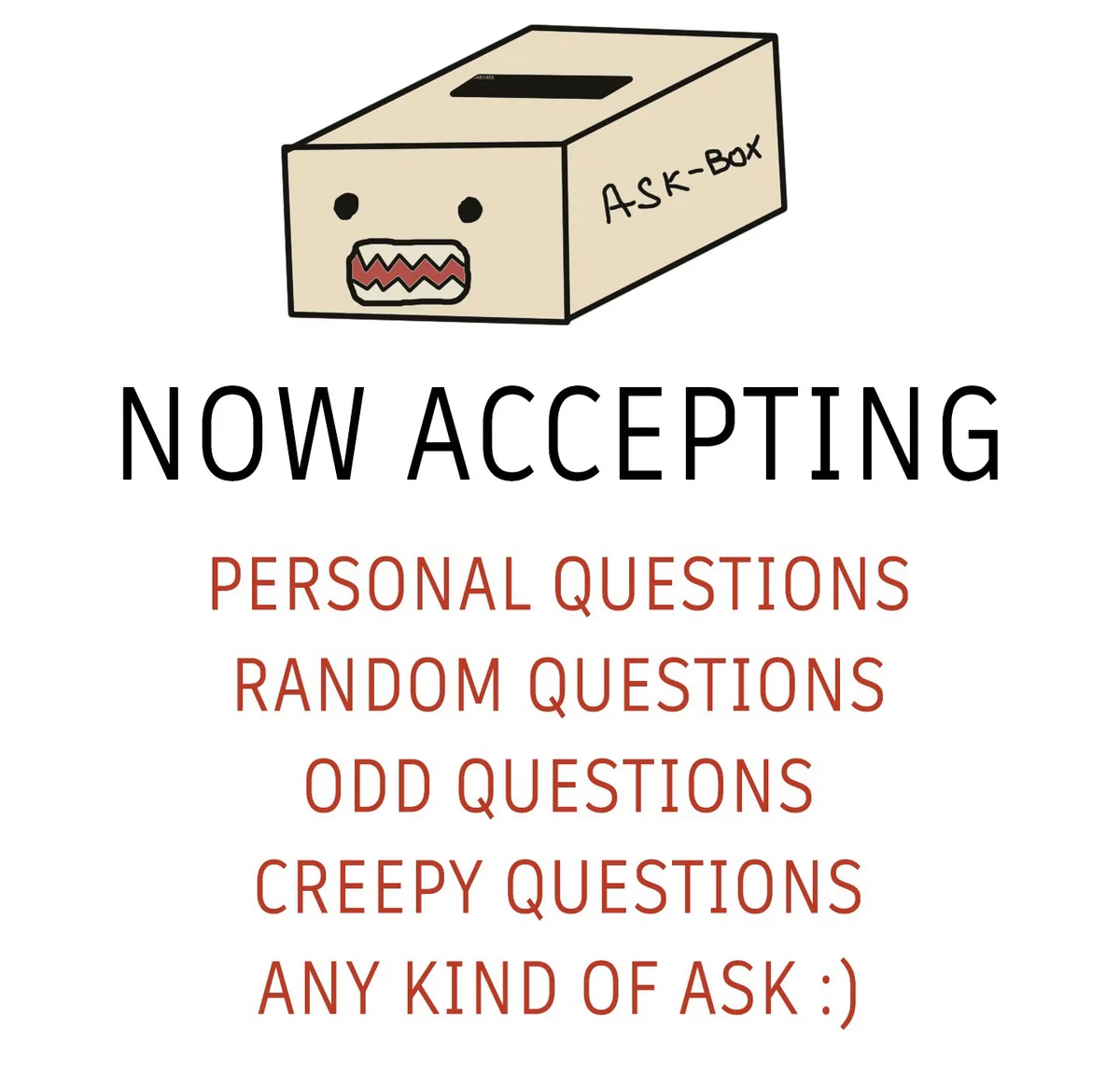 A beige cardboard box with a slot on top and a cartoonish face drawn on it, labeled 'ASK-BOX'. Below the box, bold text…