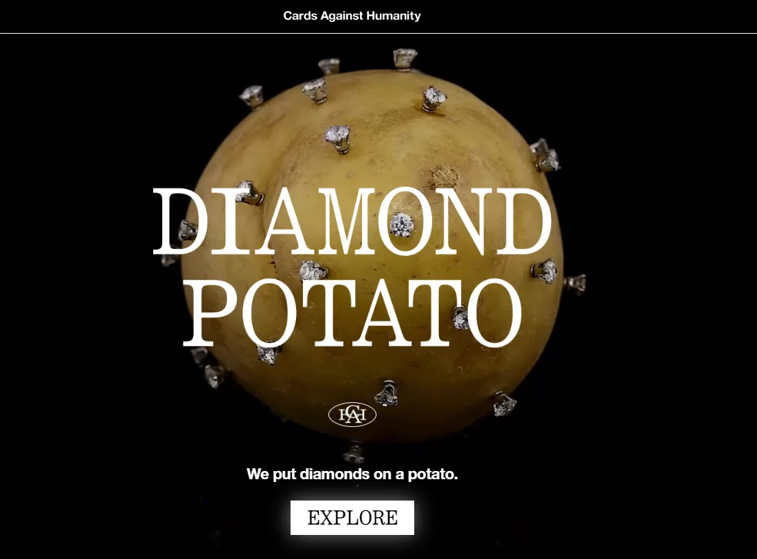 A potato is covered in numerous small diamonds set in metal prongs, with the text 'DIAMOND POTATO' overlaid in large white…