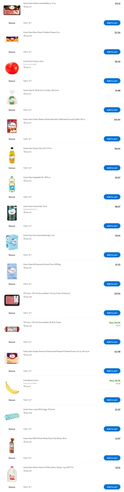A screenshot of a grocery shopping cart listing various Great Value brand items like bacon, cheese, tomatoes, tortillas…