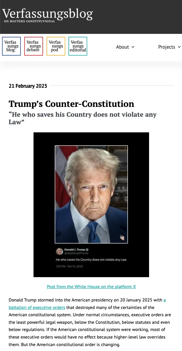 A screenshot of a Verfassungsblog article dated February 21, 2025, titled 'Trump's Counter-Constitution'. The article…
