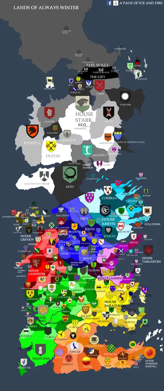 A detailed map of the fictional continent of Westeros from Game of Thrones, showing numerous regions and houses with their…