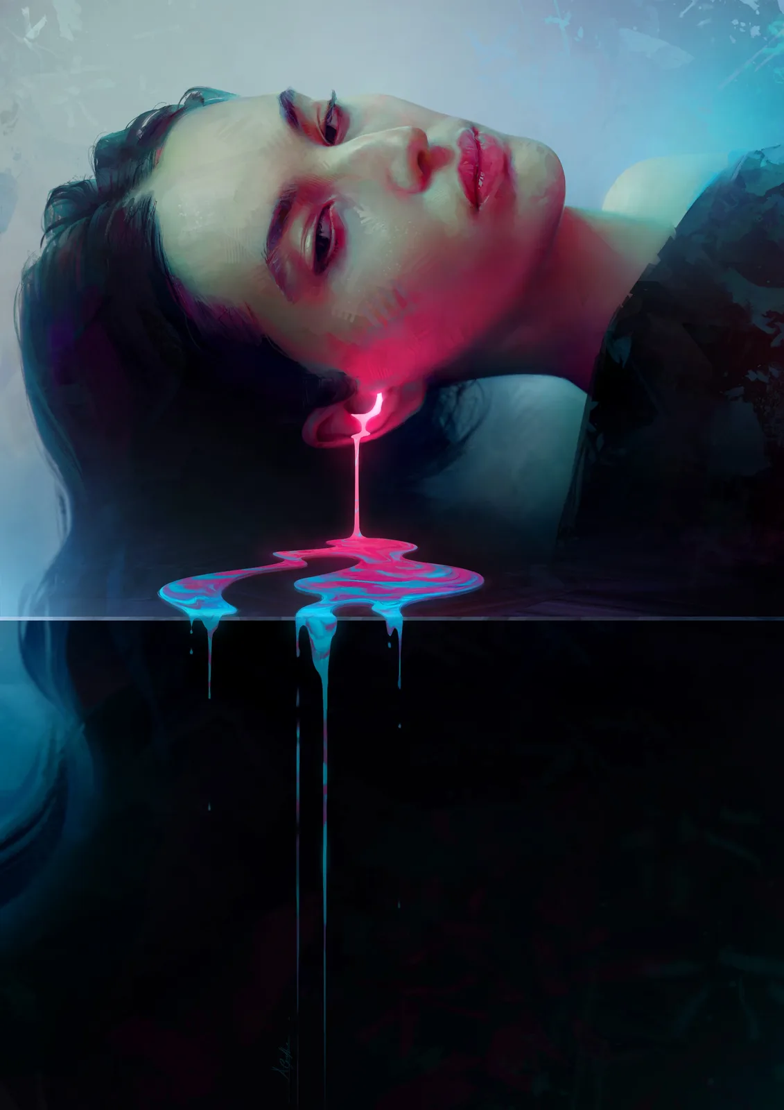 A digital painting shows a person lying down with glowing pink and blue liquid dripping from their ear, pooling on a surface…