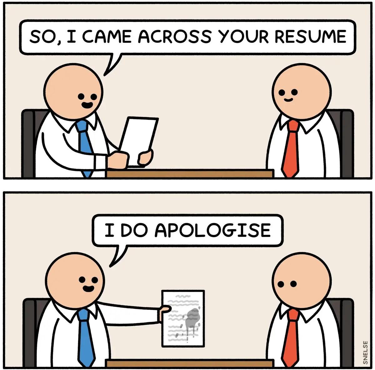 Two stick-figure men sit across a desk in a job interview. The interviewer, wearing a blue tie, holds up a blank resume and…