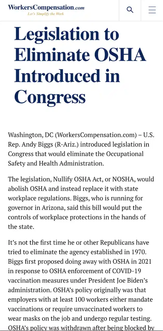 A screenshot of a WorkersCompensation.com news article with a headline reading 'Legislation to Eliminate OSHA Introduced in…