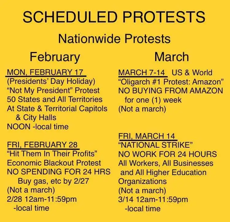 A yellow-background image lists 'SCHEDULED PROTESTS' for February and March, detailing actions like 'Not My President'…