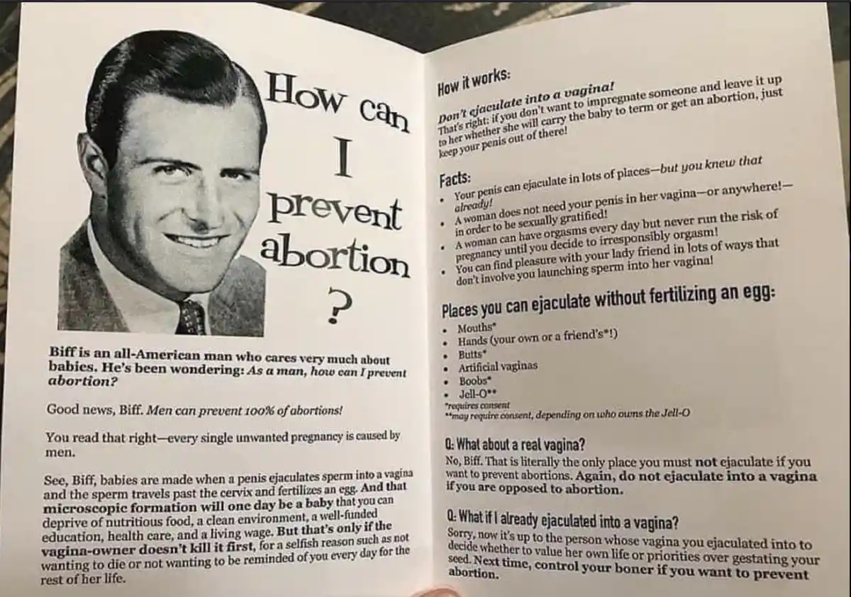 A black-and-white pamphlet titled 'How can I prevent abortion?' features a smiling man named Biff. The text explains that…