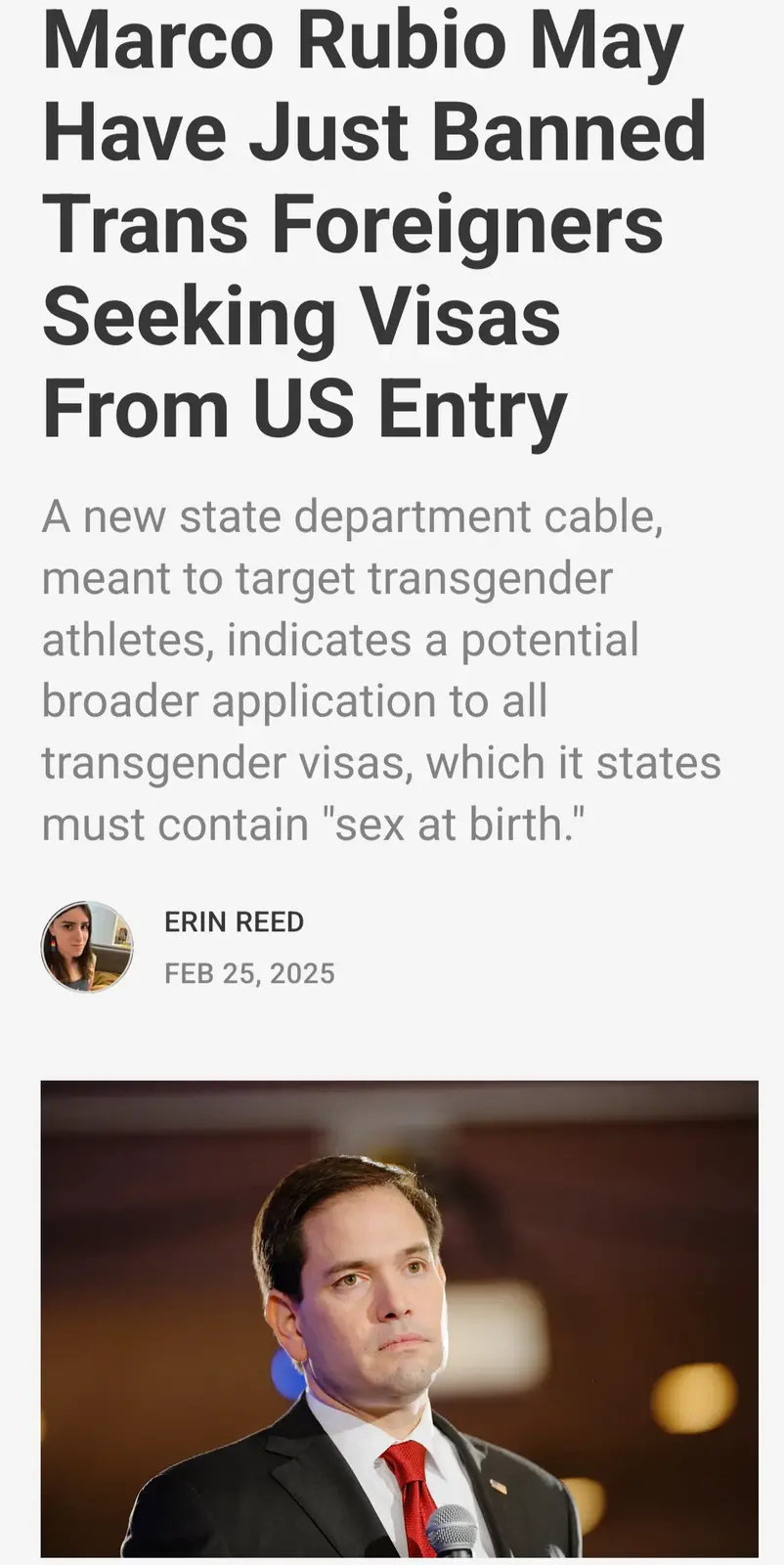 The image displays a mock news article with a headline claiming Marco Rubio may have banned trans foreigners from entering…